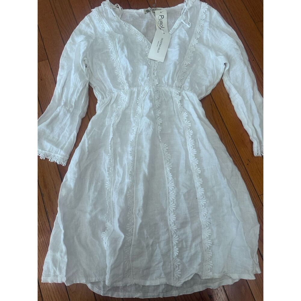 NWT Valentina Naldi S Pure Linen Embellished Dress V Neck 3/4 Sleeve White Italy